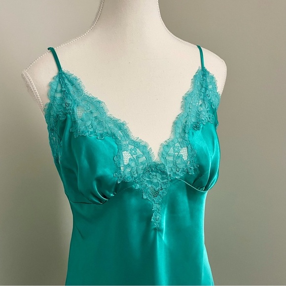 Vintage Y2K La Senza Satin Babydoll Slip Dress Lace Trim Turquoise Size Medium - Picture 2 of 7